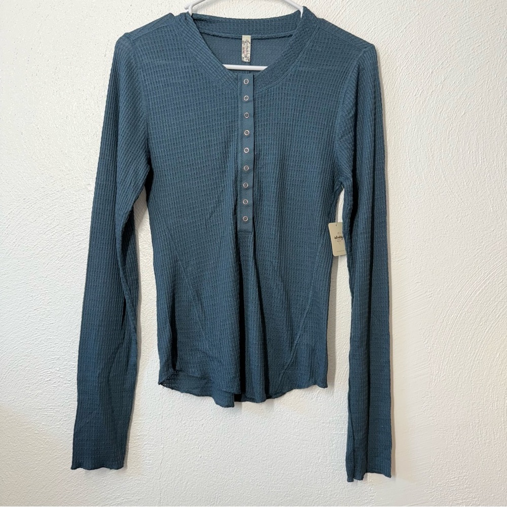 Free People NWT One Of The Girls Thermal Henley in Turquoise Sz L - Picture 2 of 7